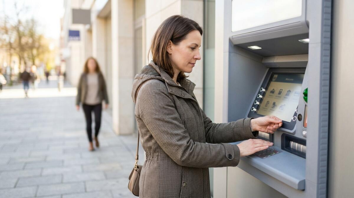 Kobieta stojąca przy bankomacie