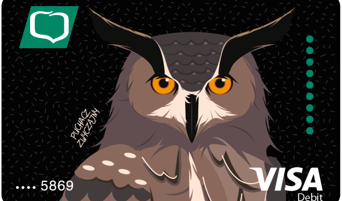 Karta VISA Debit z ilustracją puchacza zwyczajnego – projekt karty Banku Spółdzielczego w Niechobrzu.